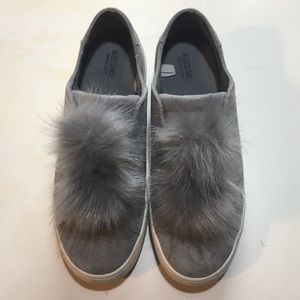 Grey Slip-on Sneakers with Fur Poms